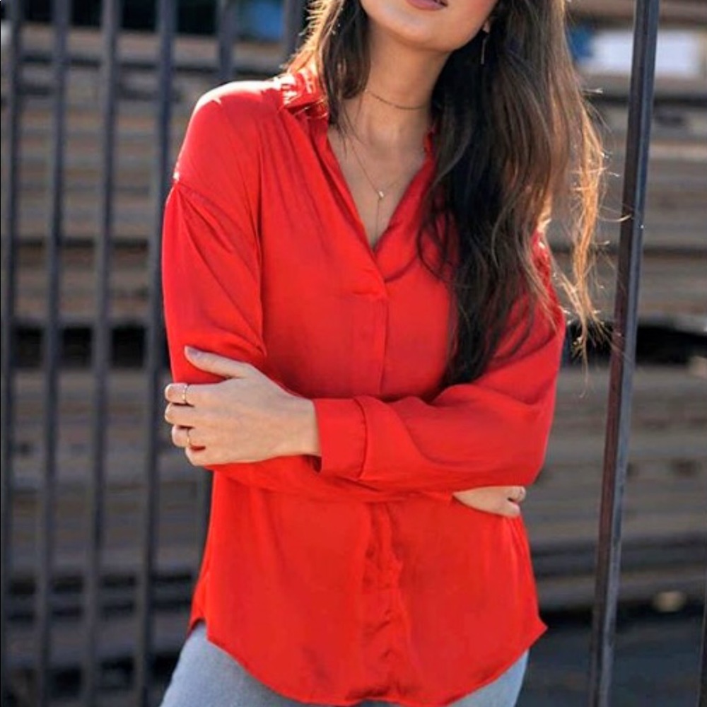 🔴 LUSH Red Satin Henley Blouse NWT sz XS-2-4